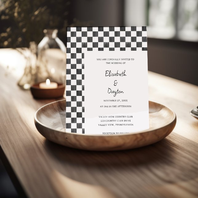 Painted Black and White Check Pattern Wedding Invitation (Creator Uploaded)