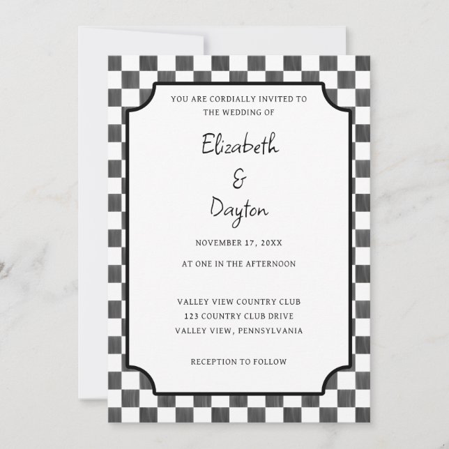 Painted Black Checkerboard Pattern Wedding Invitation (Front)