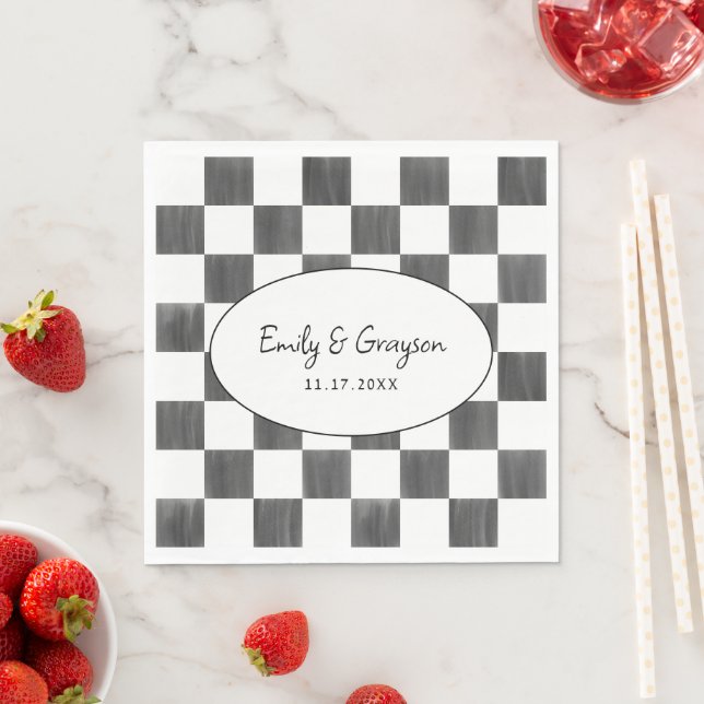 Painted Black Checkerboard Pattern Wedding Napkin (Insitu)