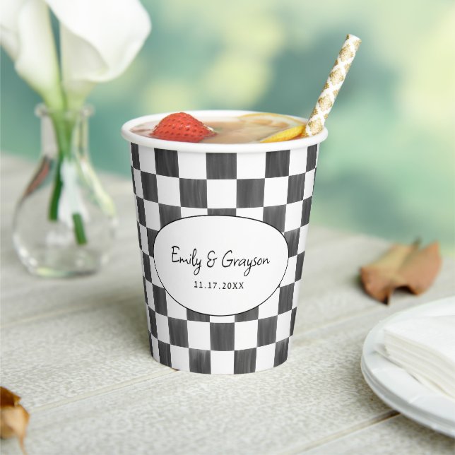 Painted Black Checkerboard Pattern Wedding Paper Cups (Insitu)