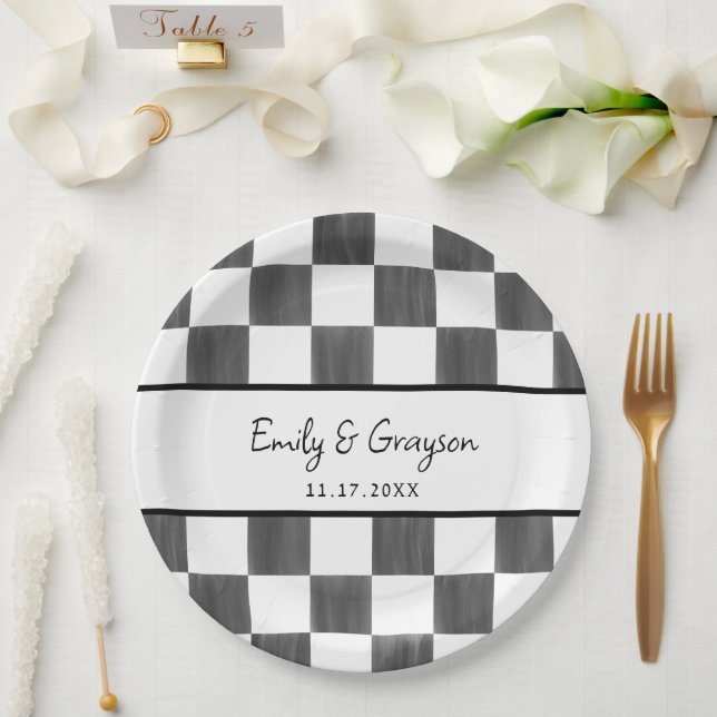 Painted Black Checkerboard Pattern Wedding Paper Plate (Wedding)
