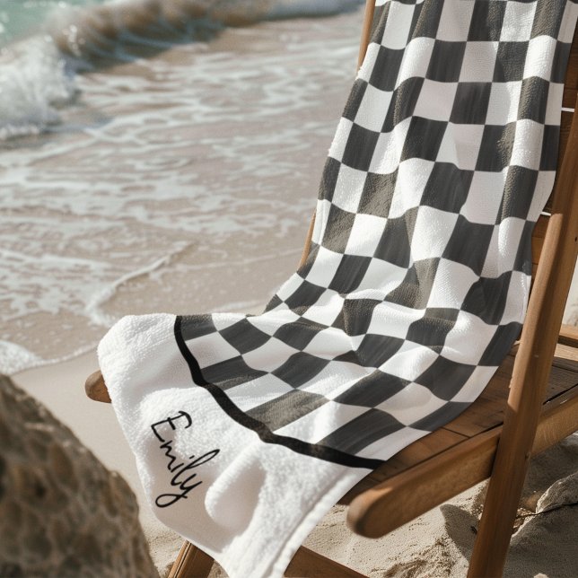 Painted Black Chequerboard Pattern Personalised Beach Towel (Creator Uploaded)
