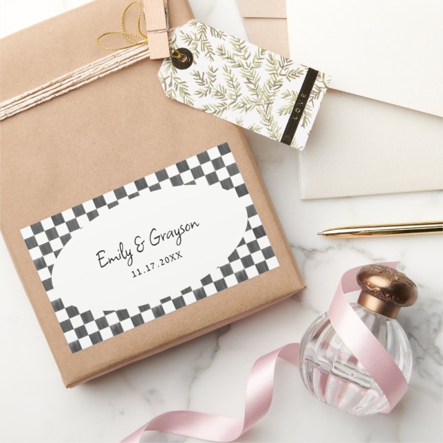 Painted Black Chequerboard Pattern Wedding Rectangular Sticker (Gifting)