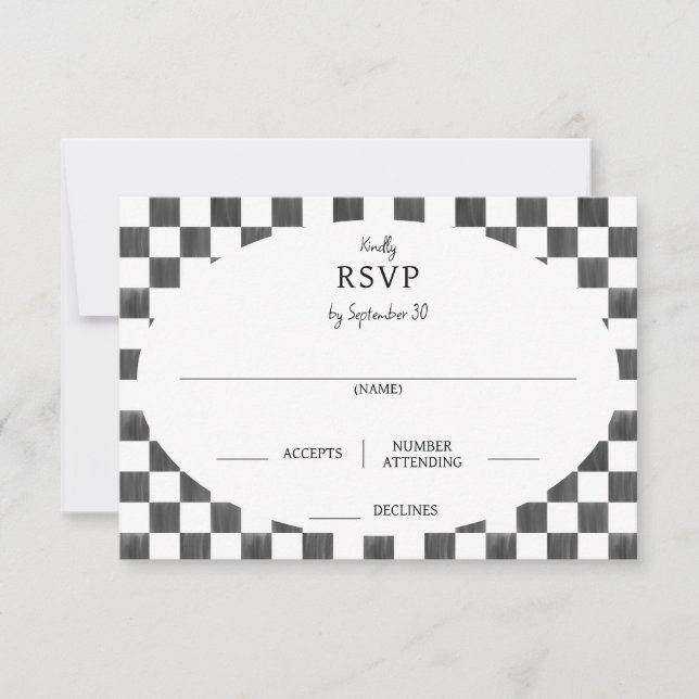 Painted Black Chequerboard Pattern Wedding RSVP Card (Front)