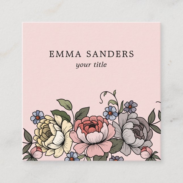 Painted Blooms Floral Botanical Square Business Card (Front)