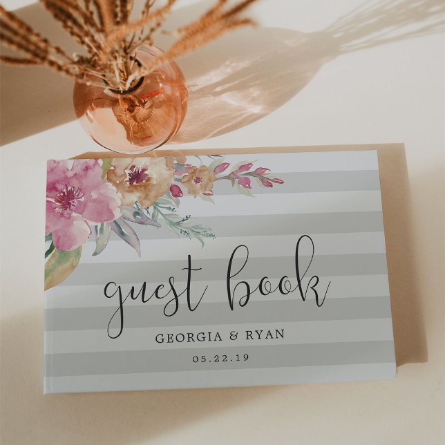 Painted Blooms | Grey Stripe Wedding Guest Book (Creator Uploaded)