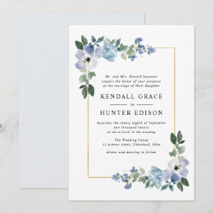 painted blue and green floral frame wedding invitation