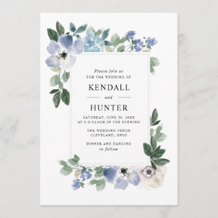 painted blue and green floral wedding invitation