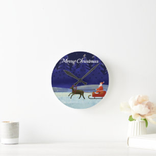 Painted Blue ChristmasNight withSanta and Reindeer Round Clock