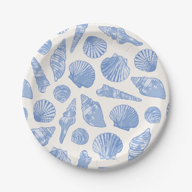 Painted Blue Coastal Seashells Paper Plate (Front)