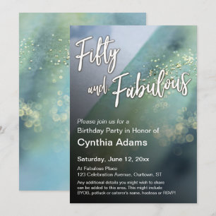 Painted Blue Green Gold Glitter Fifty and Fabulous Invitation