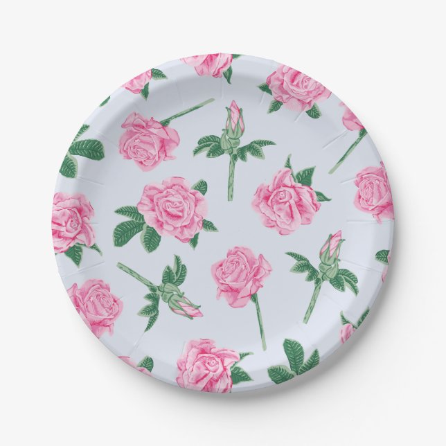 Painted Blue Pink and Green Rose Pattern Paper Plate (Front)