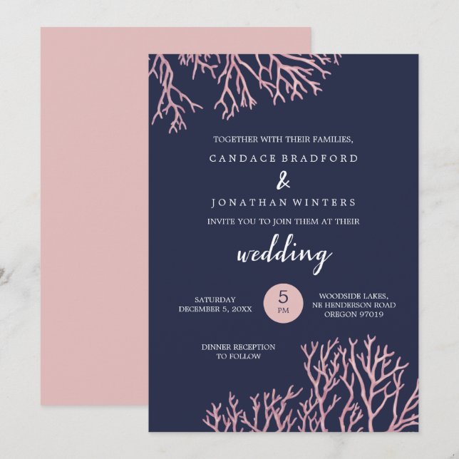 Painted Blush Pink Corals Beach Tropical Wedding Invitation (Front/Back)