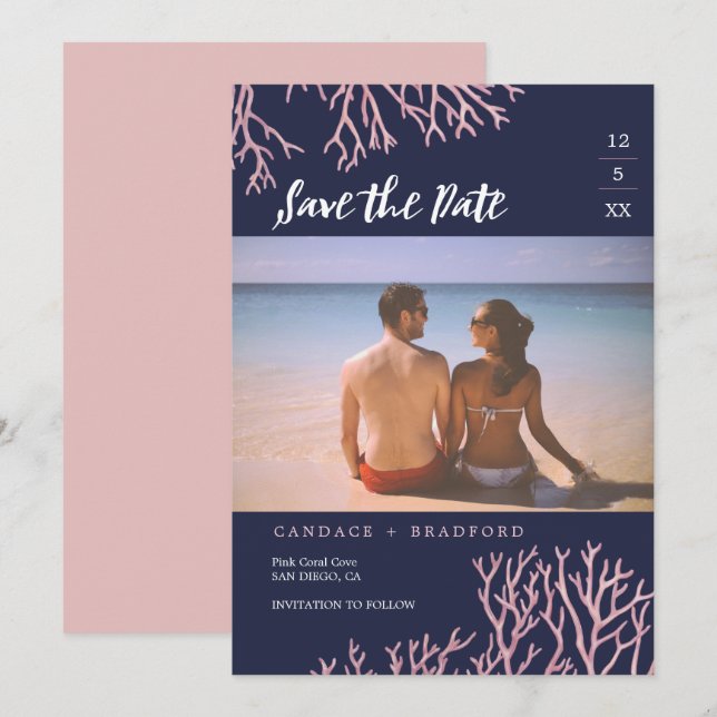 Painted Blush Pink Corals Photo Save the Date (Front/Back)