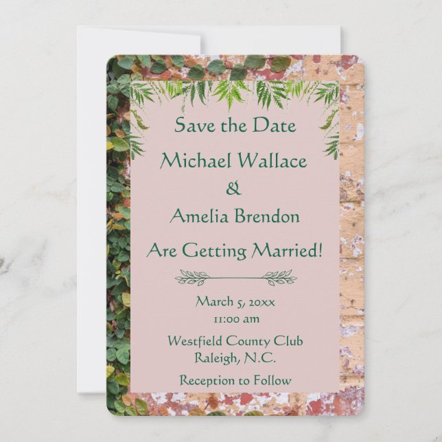 Painted Bricks Green Ivy Wedding Save the Date (Front)