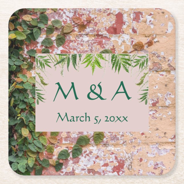 Painted Bricks Green Ivy Wedding  Square Paper Coaster (Front)