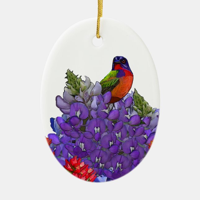 Painted Bunting on Bluebonnets Ceramic Tree Decoration (Front)
