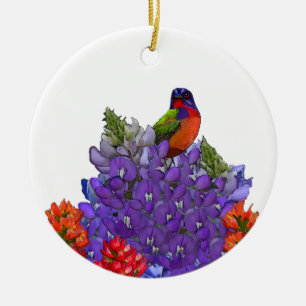 Painted Bunting on Bluebonnets Ceramic Tree Decoration