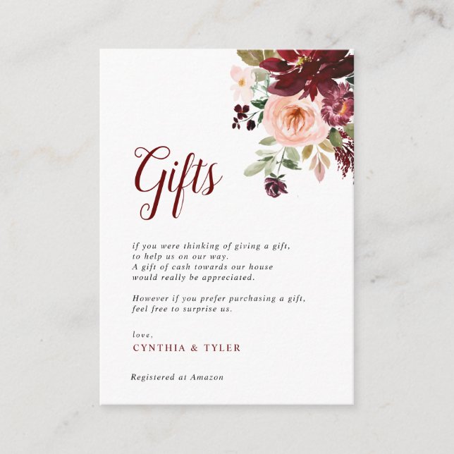 painted burgundy & blush floral wedding gifts card (Front)