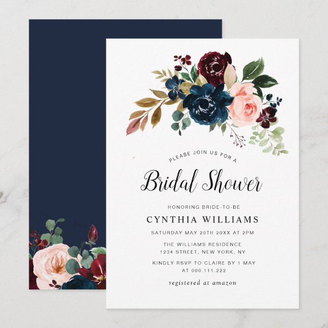 painted burgundy & navy floral Bridal shower Invitation (Front/Back)