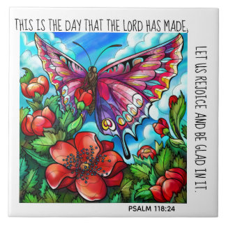 Painted butterfly & flowers w/ verse Psalm 118:24 Tile