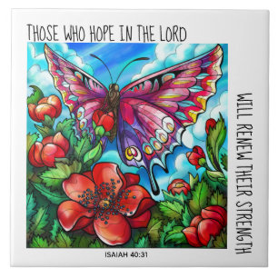 Painted Butterfly on Flowers; verse Isaiah 40:31 Tile