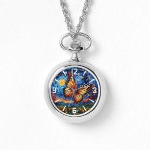 Painted Butterfly Starry Night Sky Elegant Womans Watch