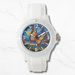 Painted Butterfly Starry Night Sky Elegant Womans Watch