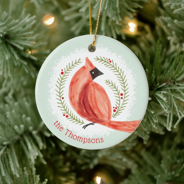 Painted Cardinal Wreath Custom Family Name & Photo Ceramic Tree Decoration (Tree)