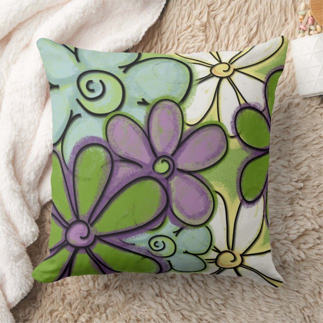 Painted Chalk Flowers Green Purple Yellow Cushion (Blanket)