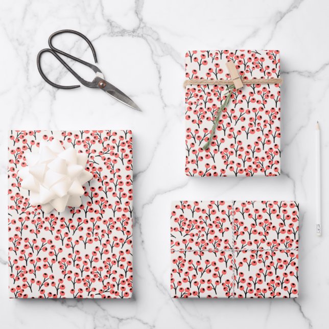 Painted Christmas Branches Holly Berries Red White Wrapping Paper Sheet (Front)