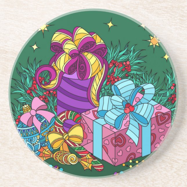 Painted Christmas Gifts; pretty holiday Coaster (Front)