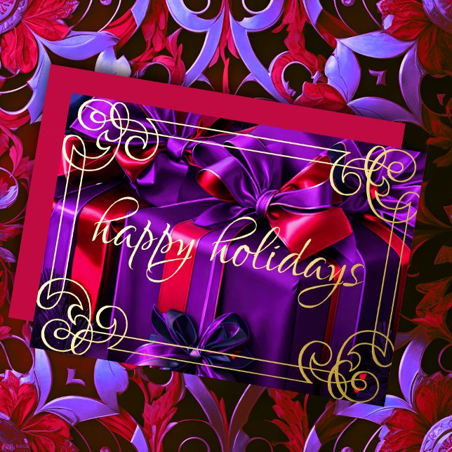 Painted Christmas Gifts Purple Burgundy Foil Holiday Card (Creator Uploaded)