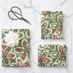 Painted Christmas Retro Floral Pattern Red Green Wrapping Paper Sheet