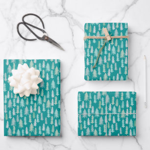 Painted Christmas Trees Aqua White Blue Teal Wrapping Paper Sheet