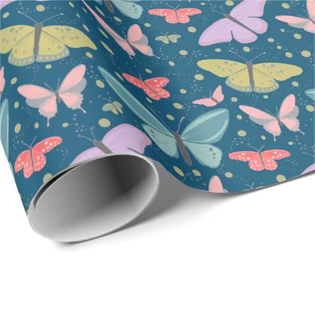 Painted Clouds of Butterflies Dark Blue Wrapping Paper (Roll Corner)