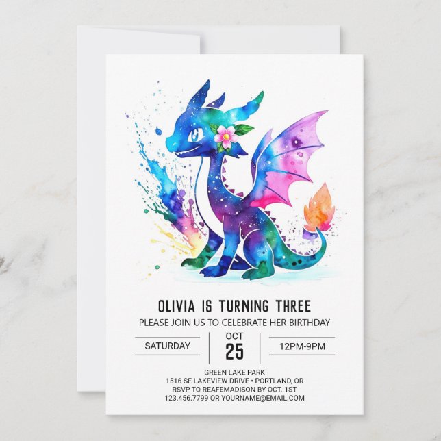 Painted Colourful Dragon Digital Girl Birthday Invitation (Front)