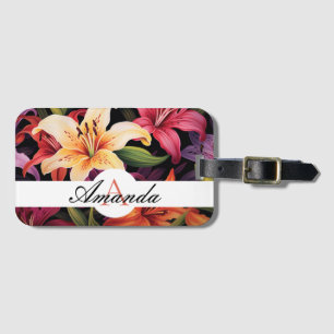 Painted Colourful Lily Flower Pattern Monogramed Luggage Tag