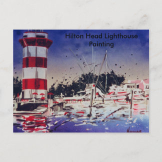 Painted colourful watercolor lighthouse boats postcard
