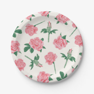 Painted Coral and Green Rose Floral Pattern Paper Plate