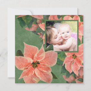 Painted Coral Poinsettia Family Photo Christmas Holiday Card