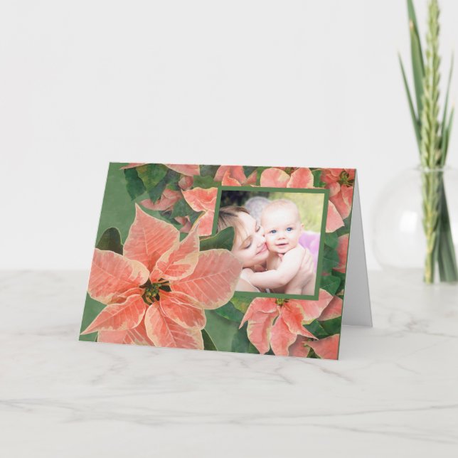 Painted Coral Poinsettia Photo Christmas Card (Front)