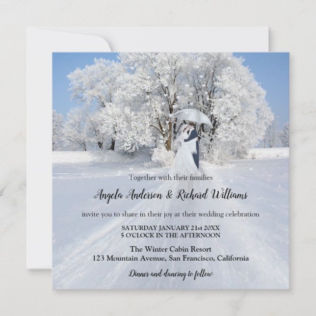 Painted Couple with Umbrella Snow Winter Wedding Invitation (Front)