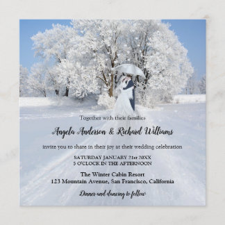 Painted Couple with Umbrella Snow Winter Wedding Invitation