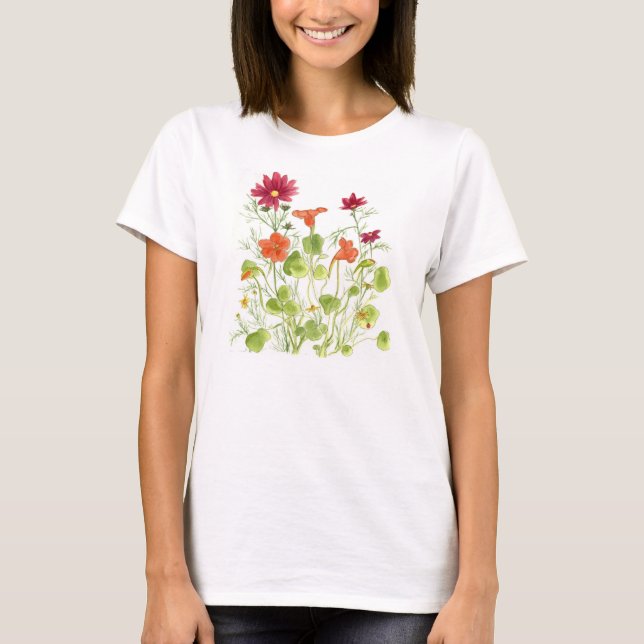 Painted Daisy Ladybugs Nasturtium Flowers T-Shirt (Front)