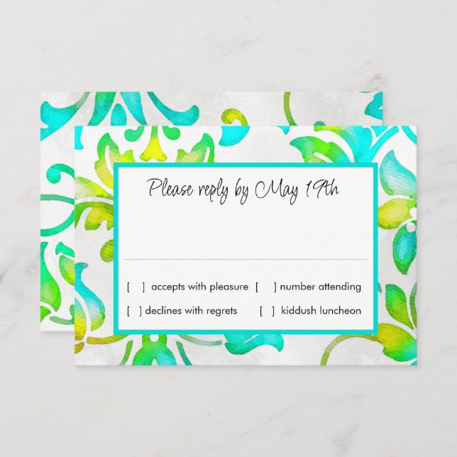 Painted Damask Turquoise Yellow RSVP Invitation (Front/Back)