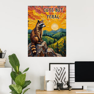 Painted Dusk: Racoon on Rocky Perch Poster