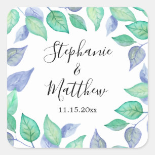 Painted Dusty Blue Watercolor Leaves Wedding Square Sticker