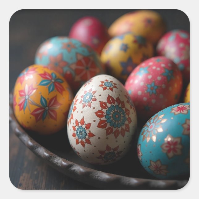 Painted Easter Eggs in a Rustic Bowl Square Sticker (Front)