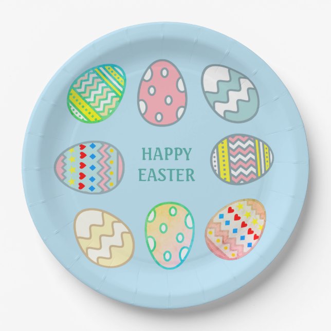 Painted Easter Eggs on Light Blue Paper Plate (Front)